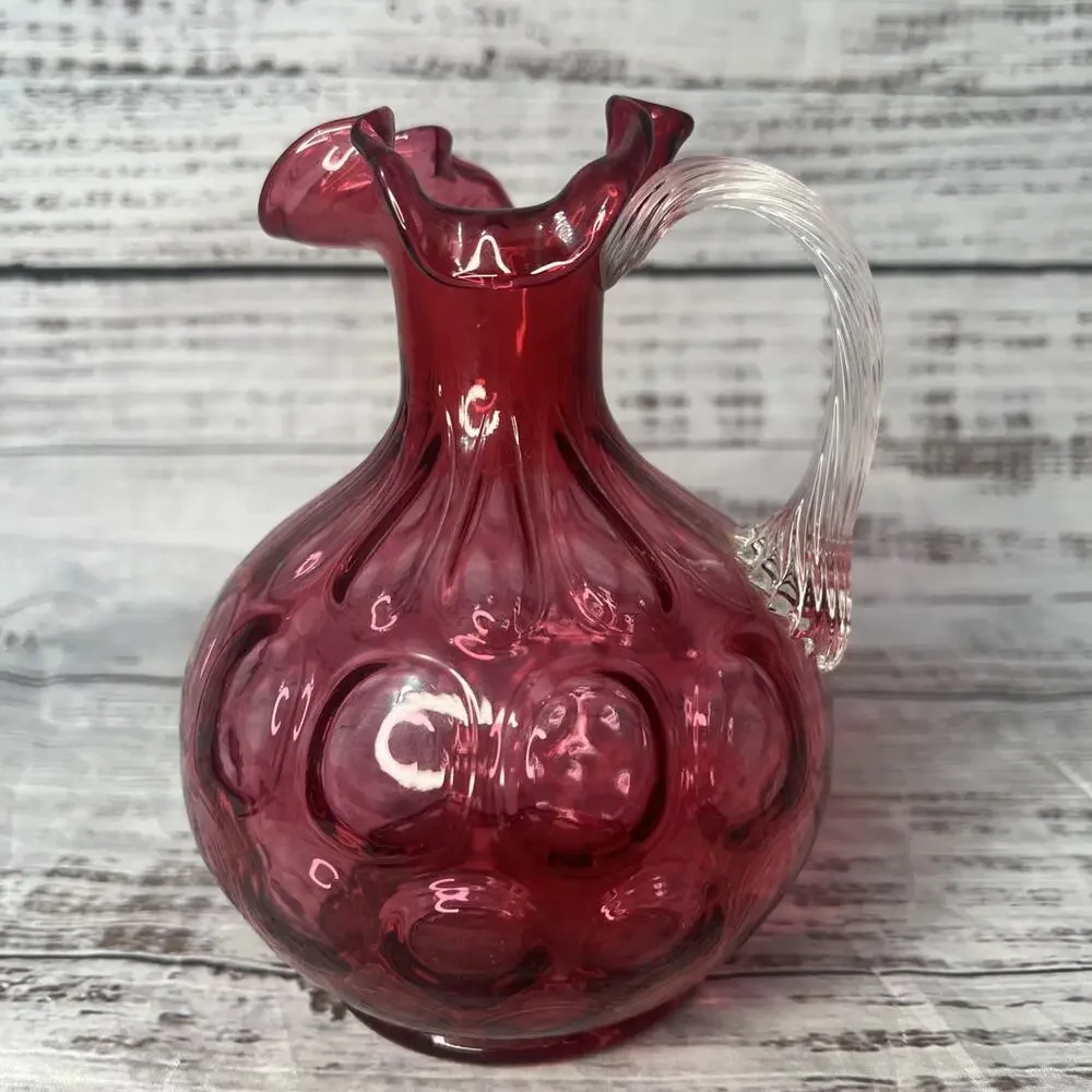 Vintage Fenton Cranberry Red Thumbprint Glass Pitcher with‎ Flared Rim 6.5